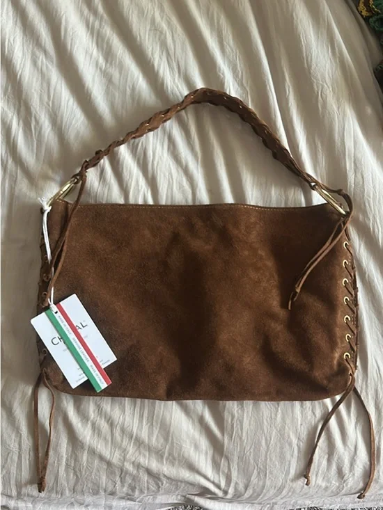 Suede Braided-Handle Shoulder Bag in Brown - Picture 1 of 3